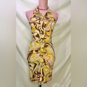 NWT Rue 21 Retro Psychadelic 70s Ruched Bodycon Button Up Mini Dress Sz Small